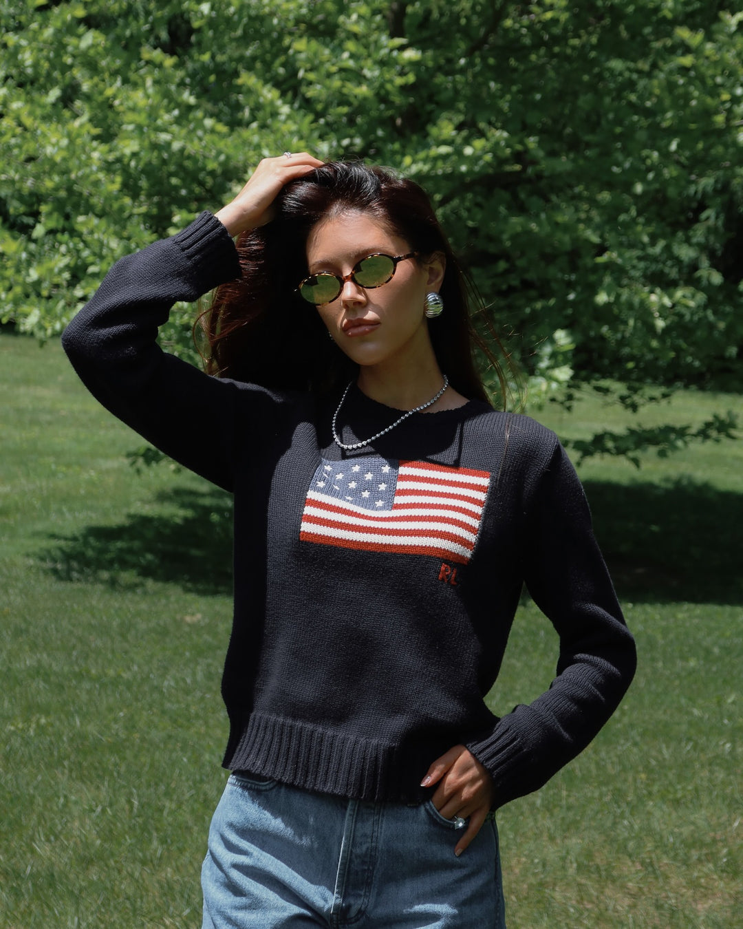 Damen modischer Pullover mit USA-Flaggenapplikation Drune