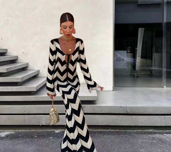 Damen Strick-Maxi-Kleid mit Zickzackmuster und dezenten Cut-Outs Drune