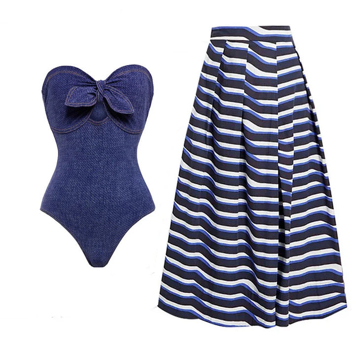 Damen Bandeau Badeanzug mit dekorativen Schleifen und gestreiftem Maxiröckchen Drune