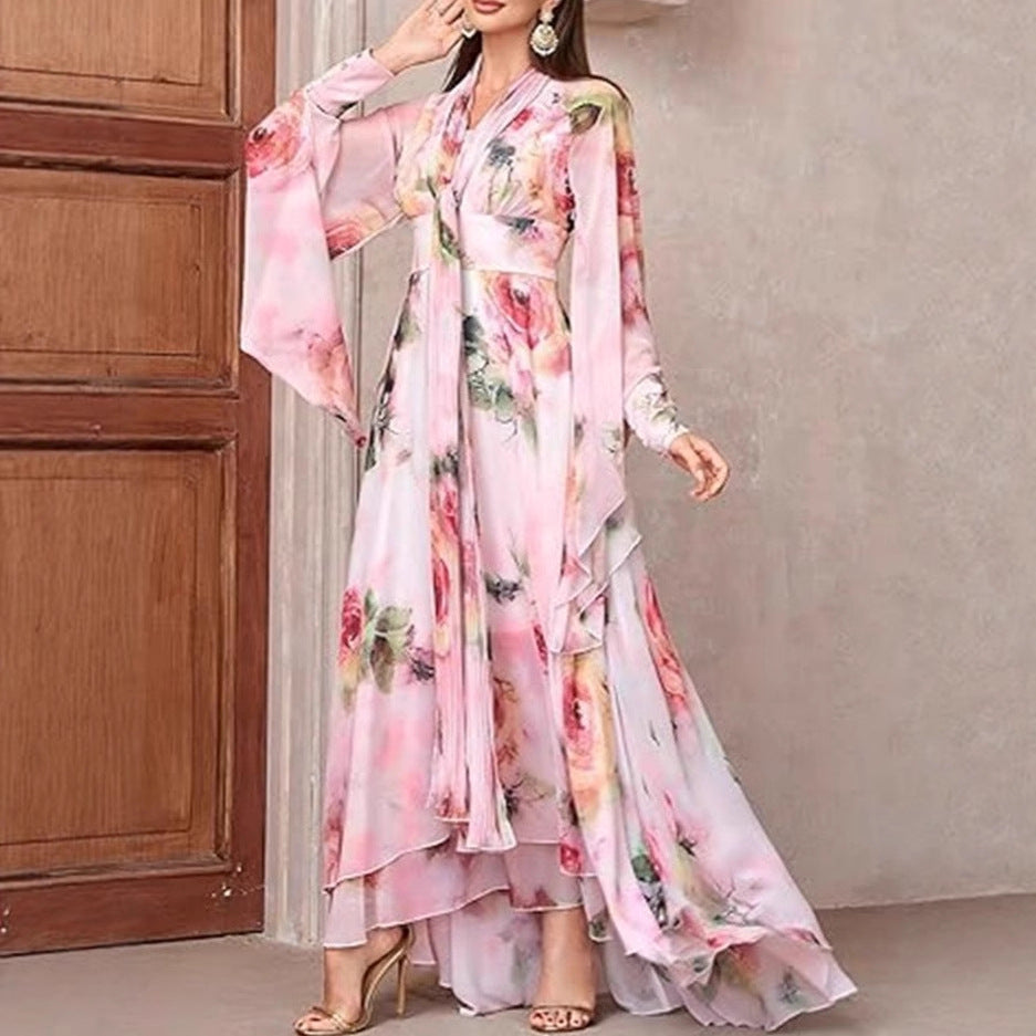 Damen Maxikleid mit eleganten Volants und floralem Design Drune