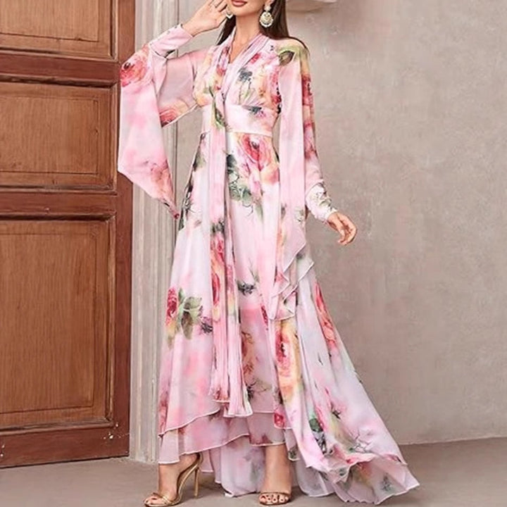 Damen Maxikleid mit eleganten Volants und floralem Design Drune