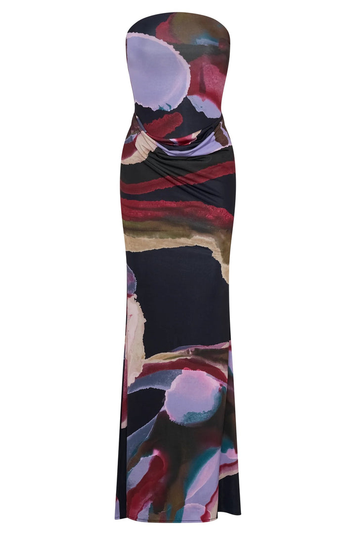 Damen Strapless Maxikleid mit fließendem Stoff und kunstvollem Druck Drune