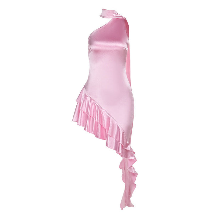 Damen asymmetrisches Satin-Kleid mit eleganten Rüschendetails Drune