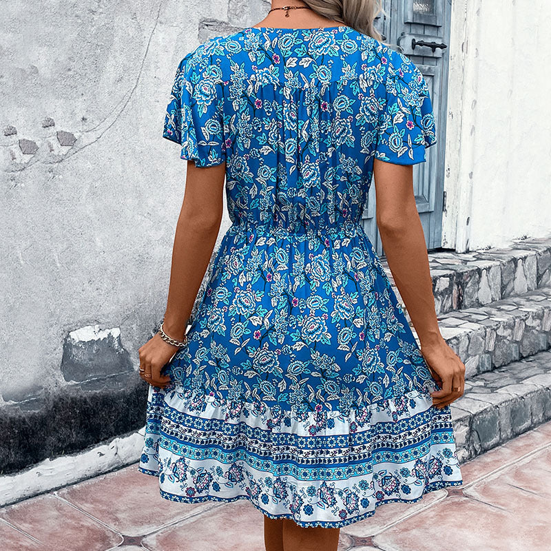 Damen Freizeitkleid mit floralen Mustern und elastischem Taillenzug Drune
