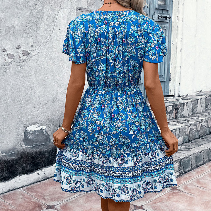 Damen Freizeitkleid mit floralen Mustern und elastischem Taillenzug Drune