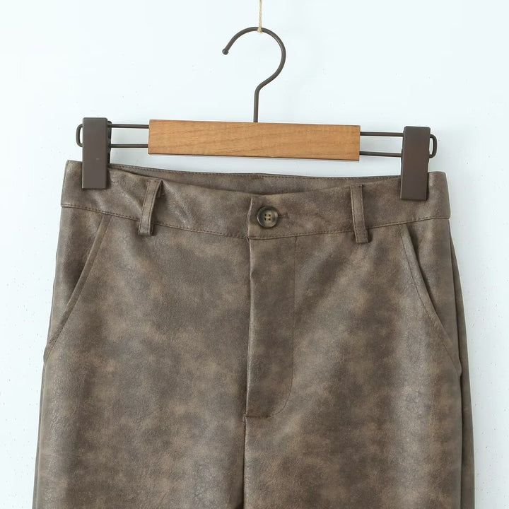 Damen Flared Kunstlederhose mit eleganter Passform und hohem Bund Drune