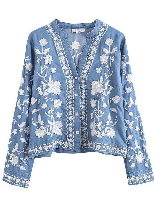 Damen gestickte Bluse mit feinen Rüschendetails Drune