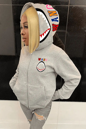 Damen Kapuzenjacke mit kreativem Haifischdesign und moderne Stickereien Drune