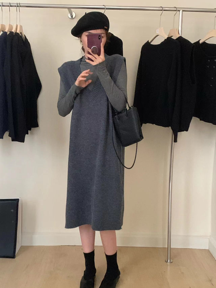 Damen Strickkleid mit elegantem V-Ausschnitt und seitlichem Schlitz Drune
