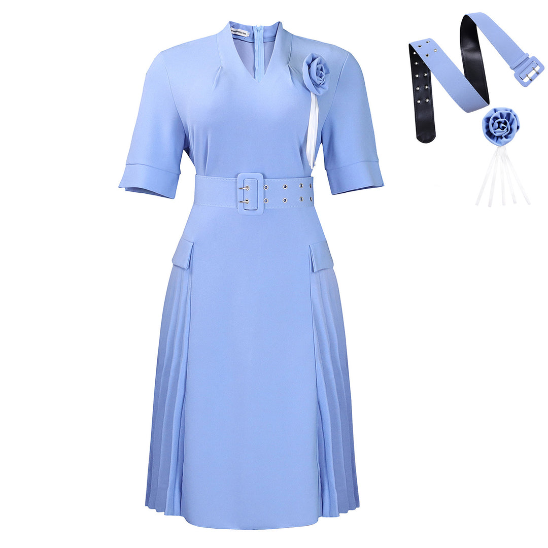 Damen Midi-Kleid mit stilvollem Gürtel und eleganter Rüsche Drune