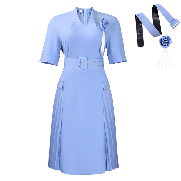 Damen Midi-Kleid mit stilvollem Gürtel und eleganter Rüsche Drune
