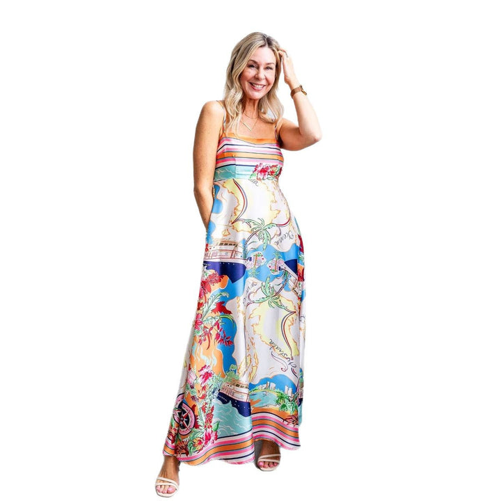 Damen Maxikleid mit buntem Druck und spaghetti Trägern Drune