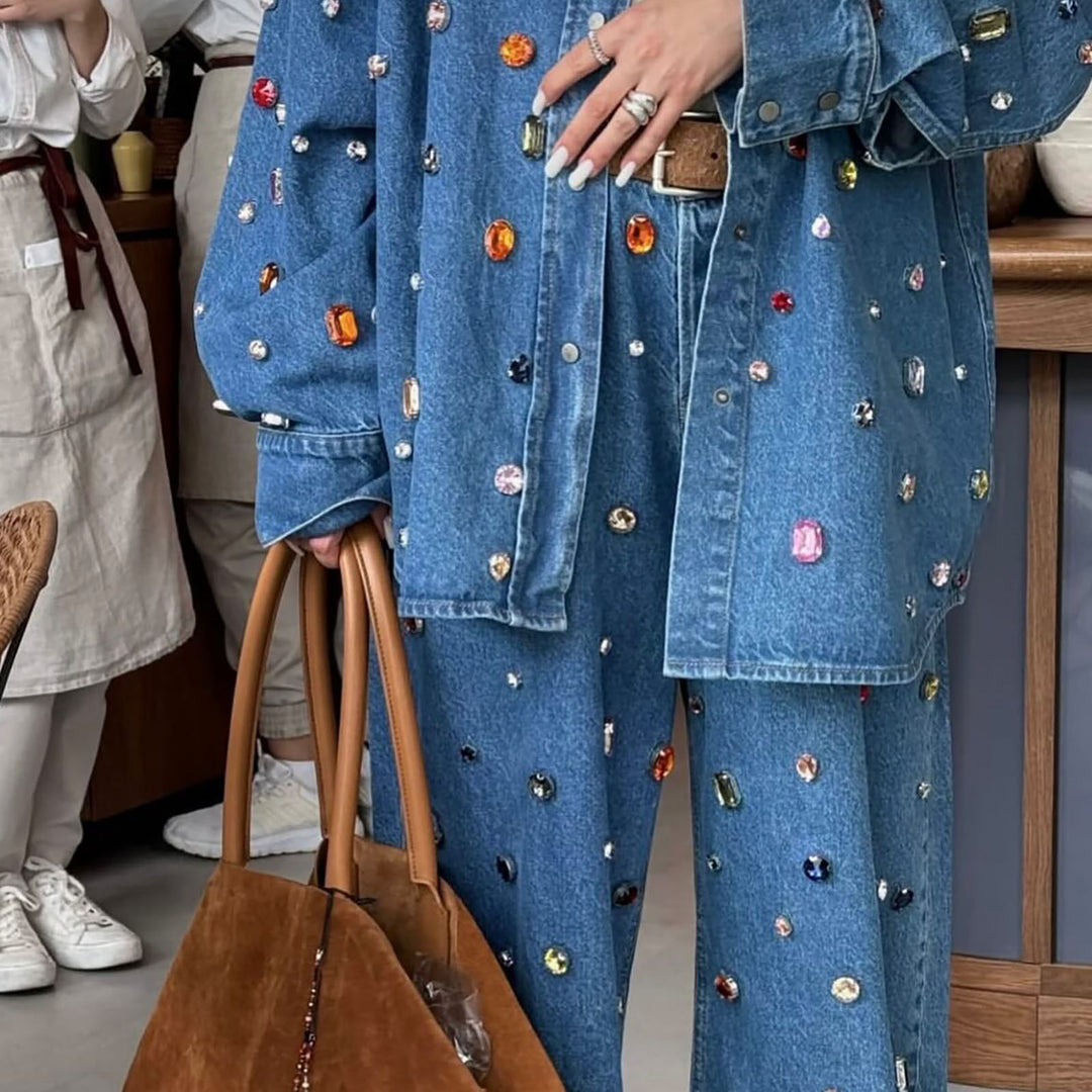 Damen Denim-Set mit bunten Applikationen und weitem Schnitt Drune