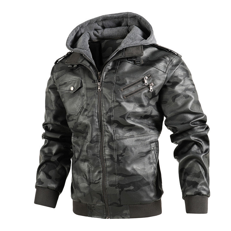 Herren Kunstlederjacke mit abnehmbarer Kapuze und multifunktionalen Taschen Drune
