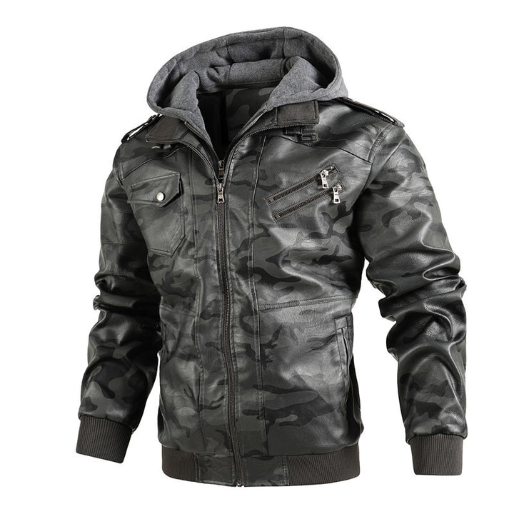 Herren Kunstlederjacke mit abnehmbarer Kapuze und multifunktionalen Taschen Drune