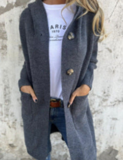 Damen lange Strickjacke mit Kapuze und Taschen Drune