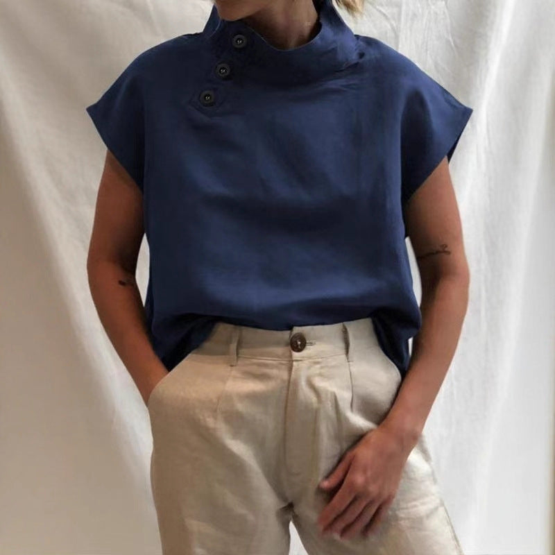 Damen moderne Bluse mit Stehkragen und eleganten Knopfdetails Drune