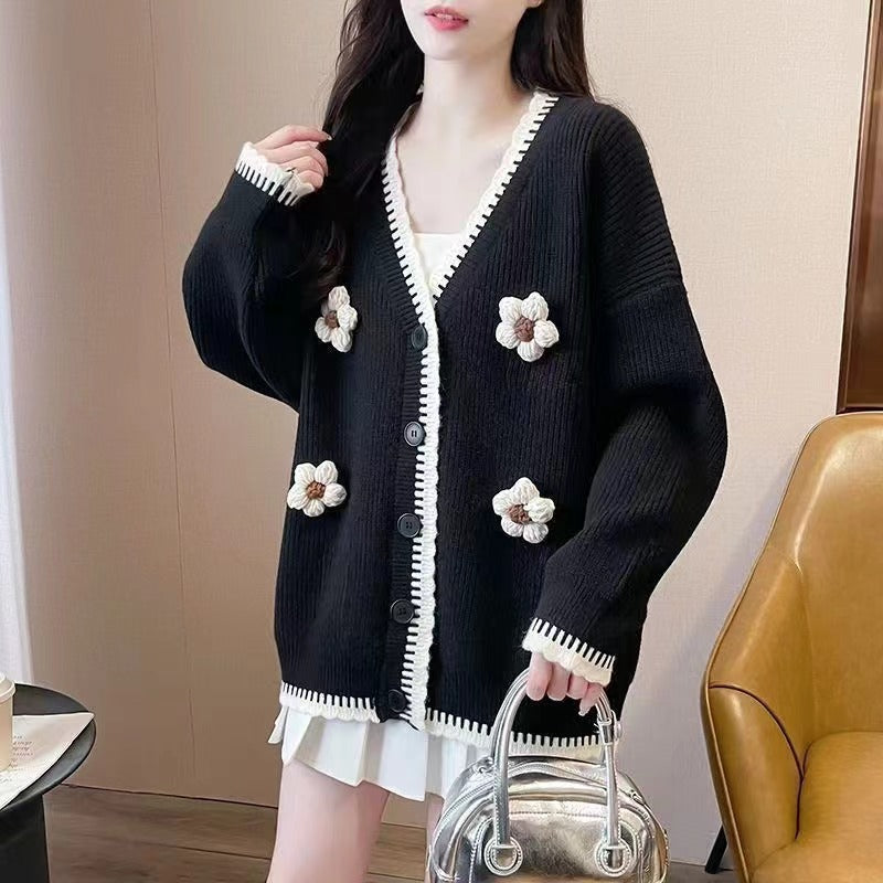Damen elegante Strickjacke mit Blumenapplikationen Drune