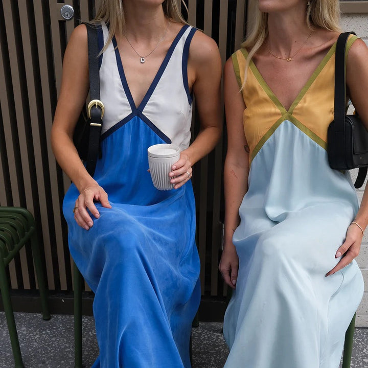 Damen Maxikleid mit tiefem V-Ausschnitt und fließendem Schnitt Drune
