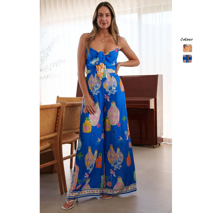 Damen langes Sommerkleid mit verspieltem Dekolleté und buntem Muster Drune