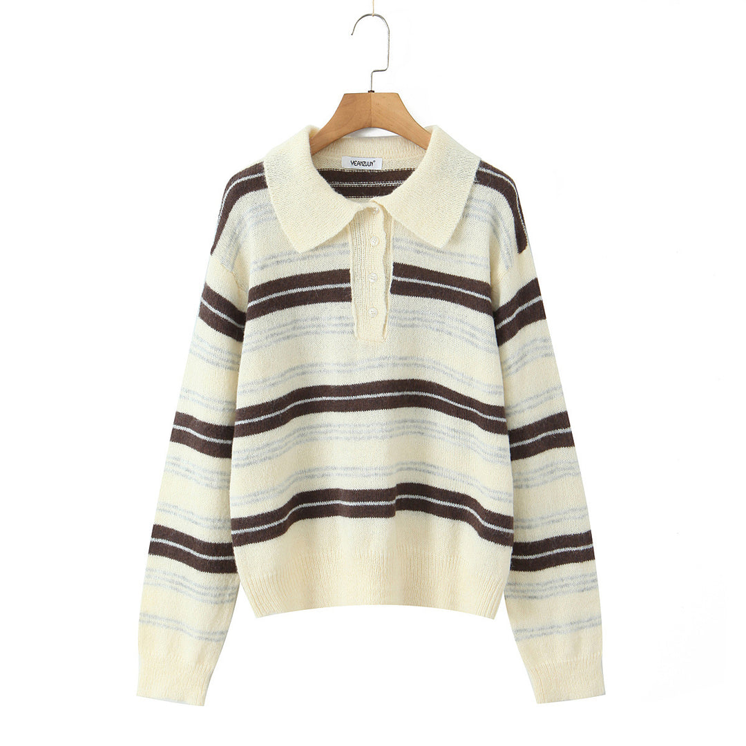 Damen modischer Strickpullover mit Polokragen und Streifenmuster Drune