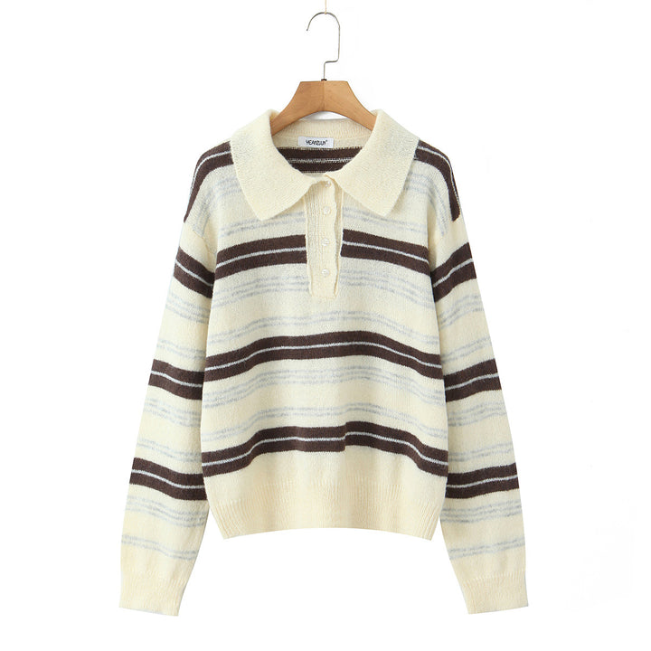 Damen modischer Strickpullover mit Polokragen und Streifenmuster Drune