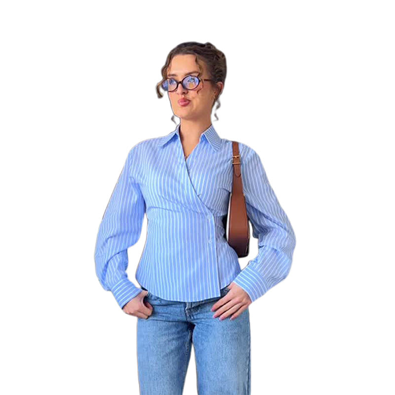 Damen elegante Wickelbluse mit einem modernen Streifenmuster Drune