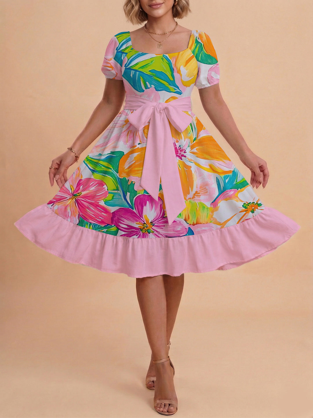 Damen Sommerkleid mit floralem Puffärmel und taillierbarem Gürtel Drune