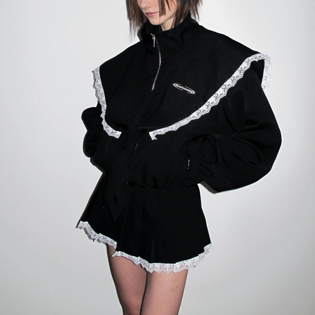 Damen Oversized Jacke mit dekorativem Spitzenkragen und bindbarem Gürtel Drune