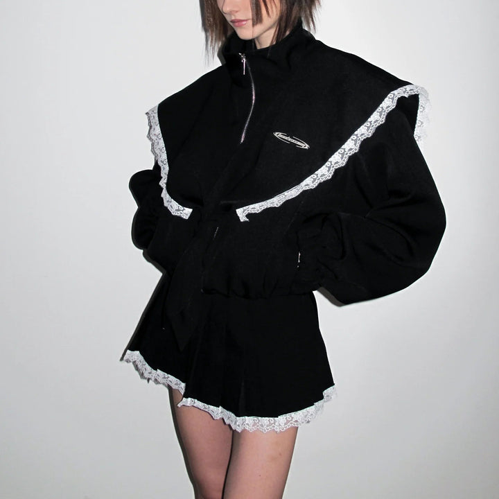 Damen Oversized Jacke mit dekorativem Spitzenkragen und bindbarem Gürtel Drune