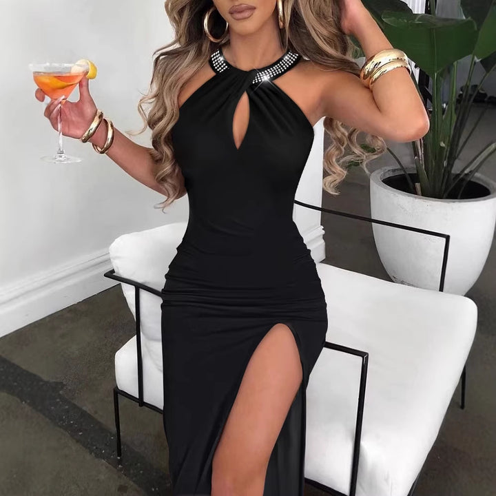 Damen Elegantes Schlauchkleid mit Strassdetails und sexy Beinschlitz Drune