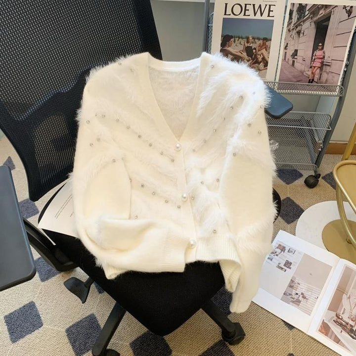 Damen Flauschiger Cardigan mit Perlen Drune