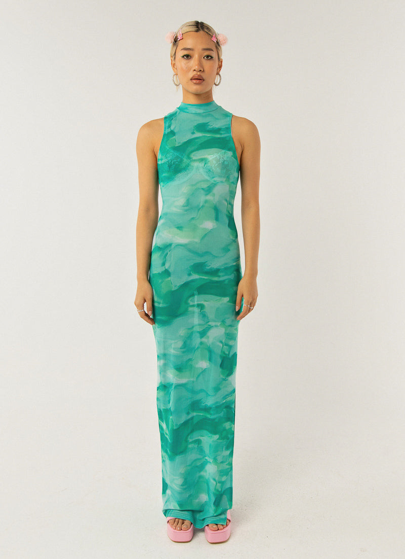 Damen elegantes Maxikleid mit hohem Kragen und fließendem Schnitt Drune