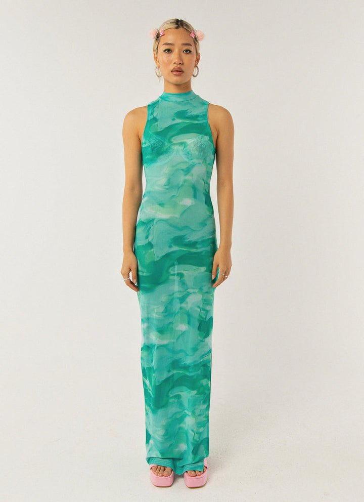 Damen elegantes Maxikleid mit hohem Kragen und fließendem Schnitt Drune