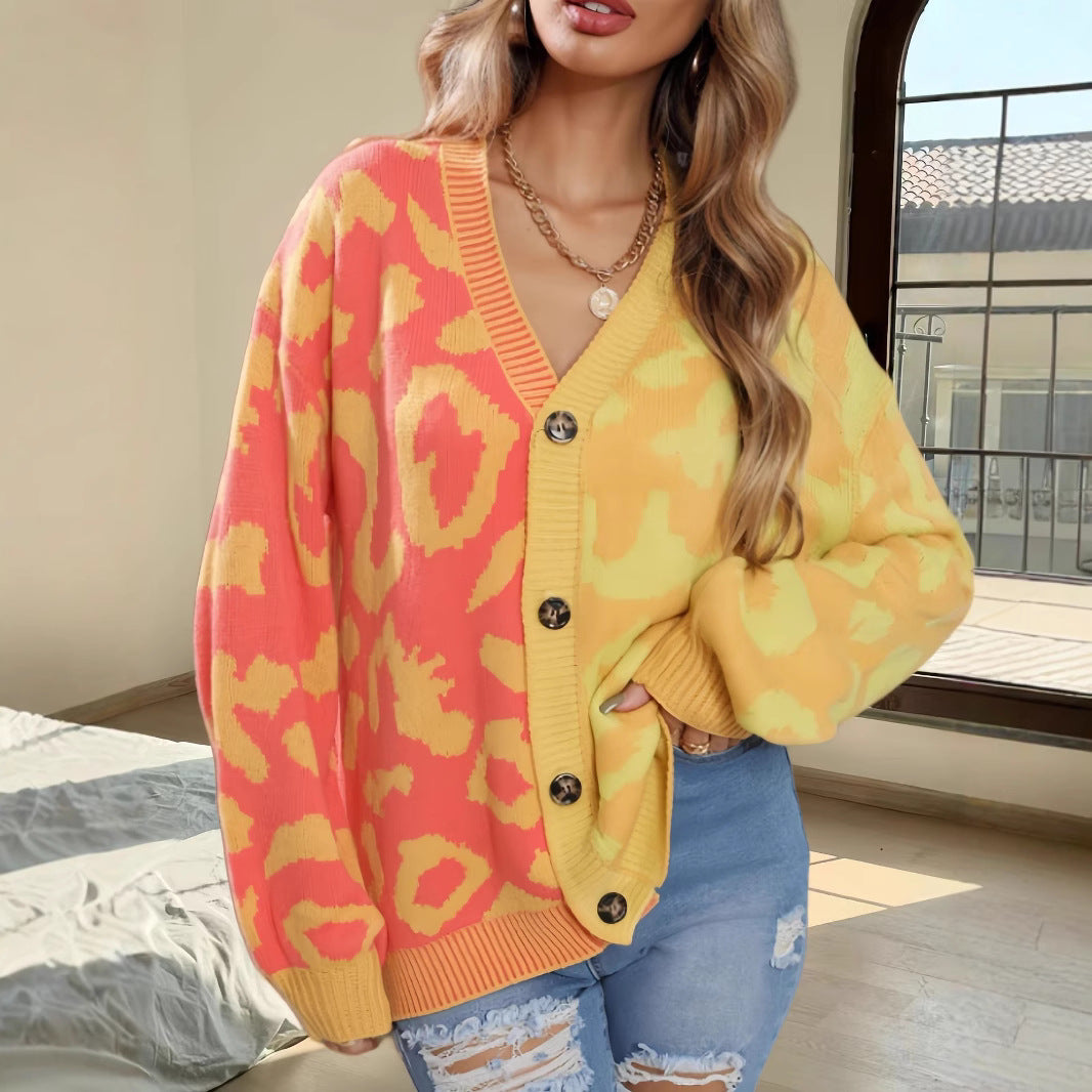 Damen Leichte Strickjacke mit farbenfrohem Leopardenmuster Drune