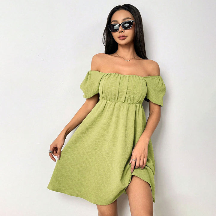 Damen Off-Shoulder Sommerkleid mit Puffärmeln und seitlichem Schlitz Drune