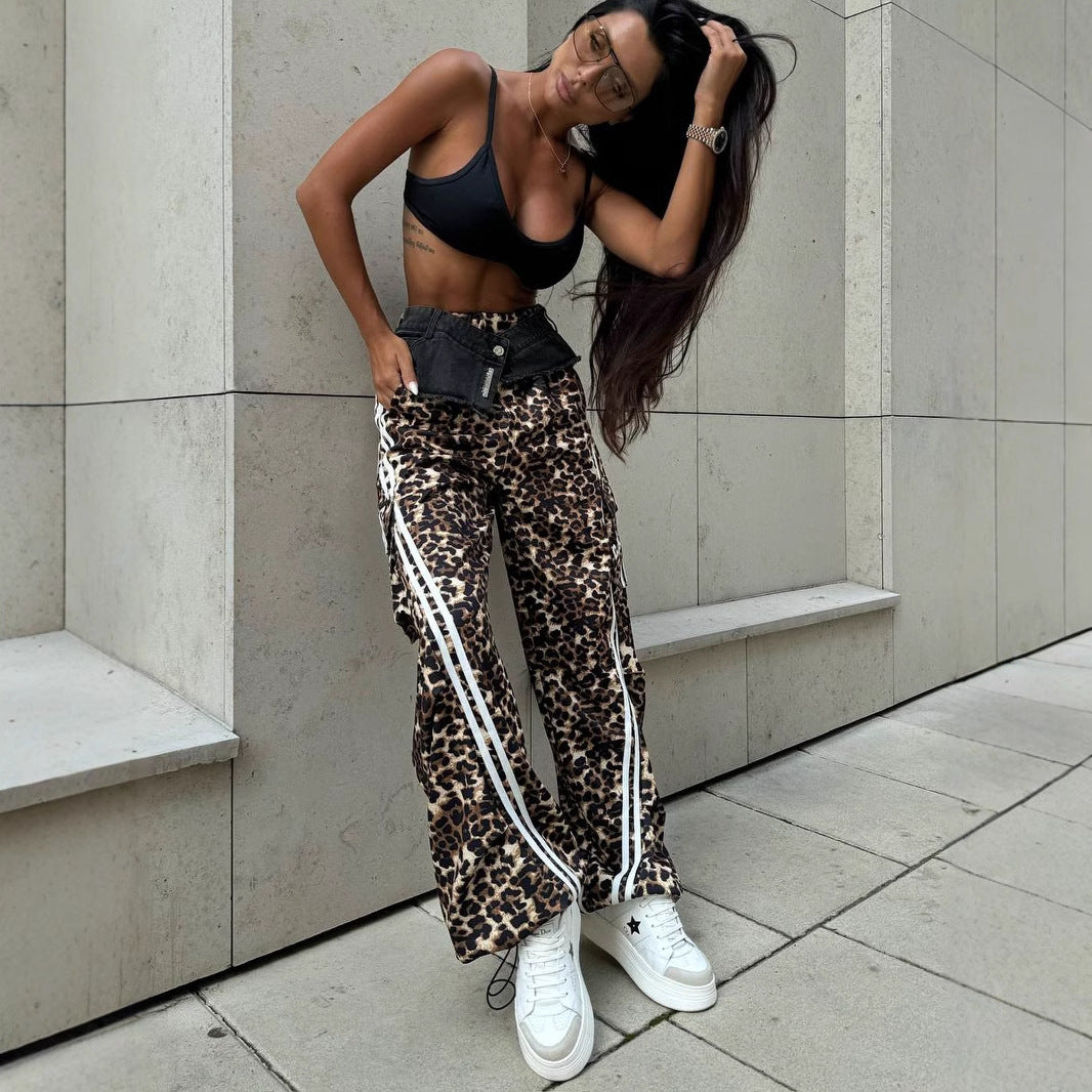 Damen Freizeithose mit Leopardenmuster und seitlichen Streifen Drune