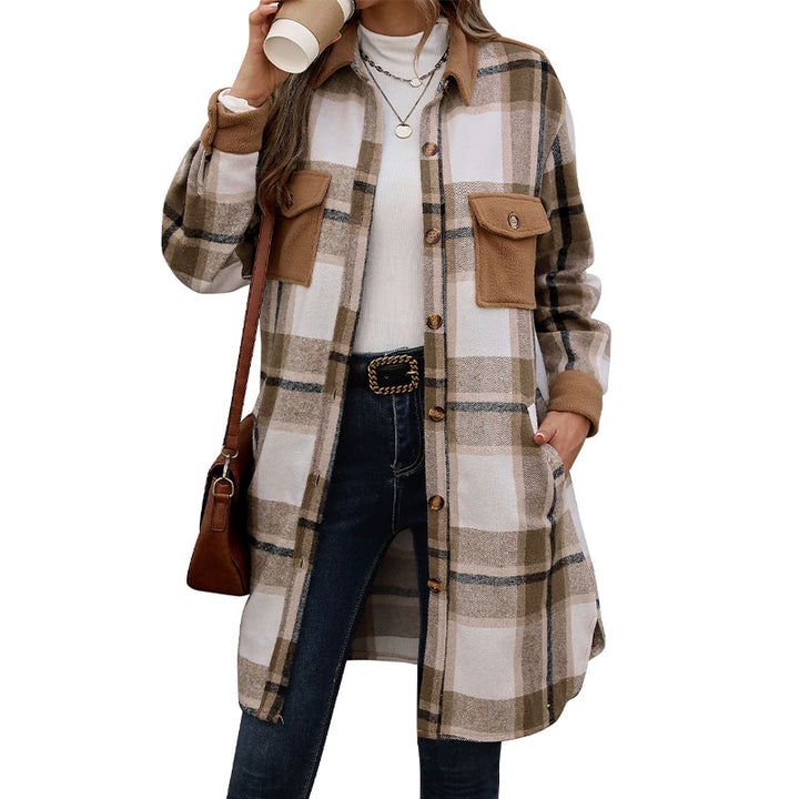 Damen karierte Langarmjacke mit praktischen Taschen und modernem Schnitt Drune