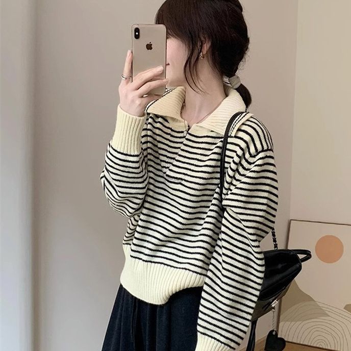 Damen Kuscheliger Strickpullover mit gestreiftem Design und modernem Kragen Drune