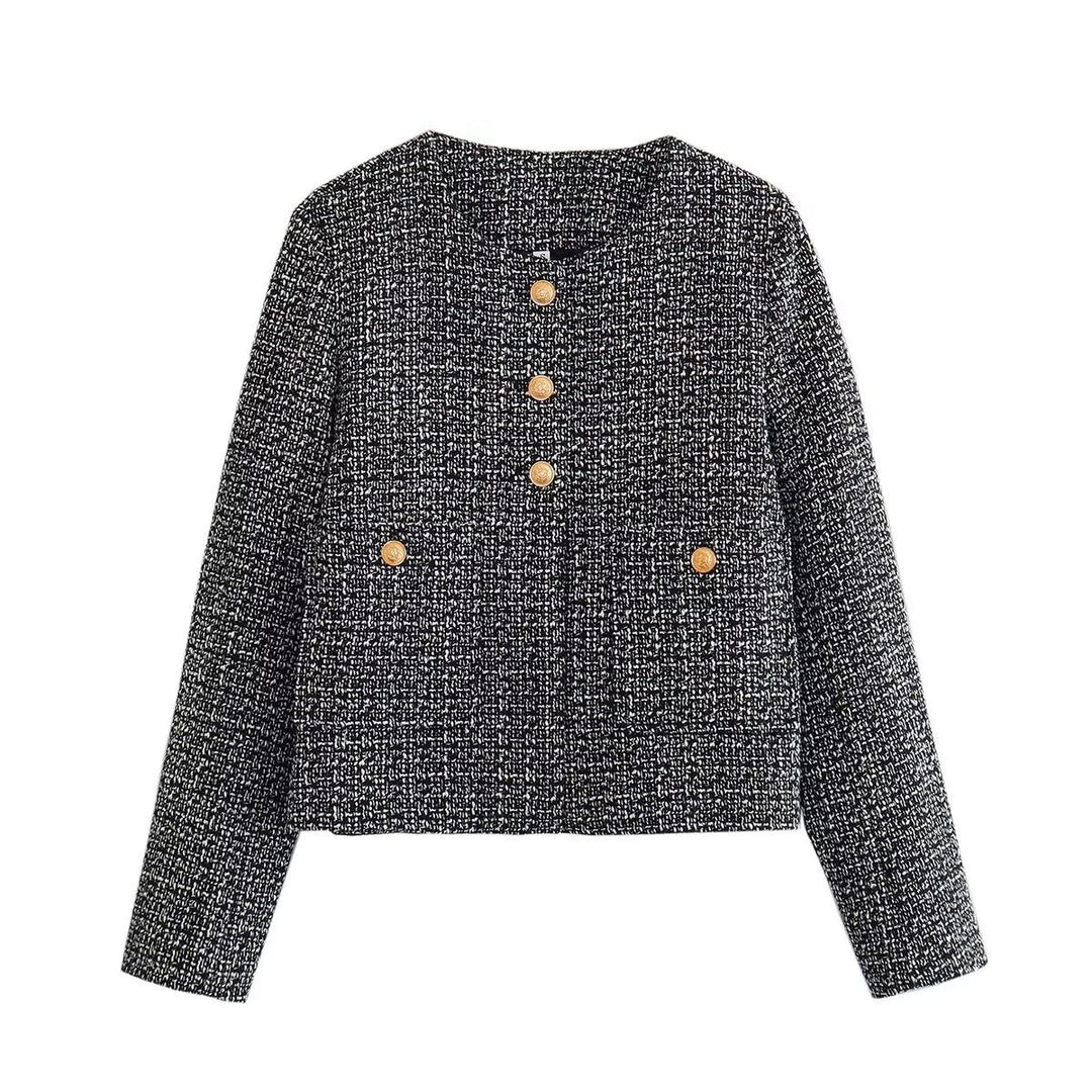 Damen Kurze Tweedjacke mit dekorativen Knöpfen Drune