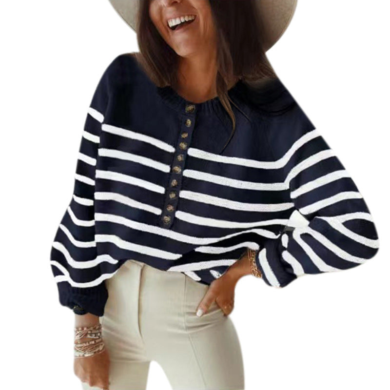 Damen lockerer Strickpullover mit Knopfdetails und Streifenmuster Drune