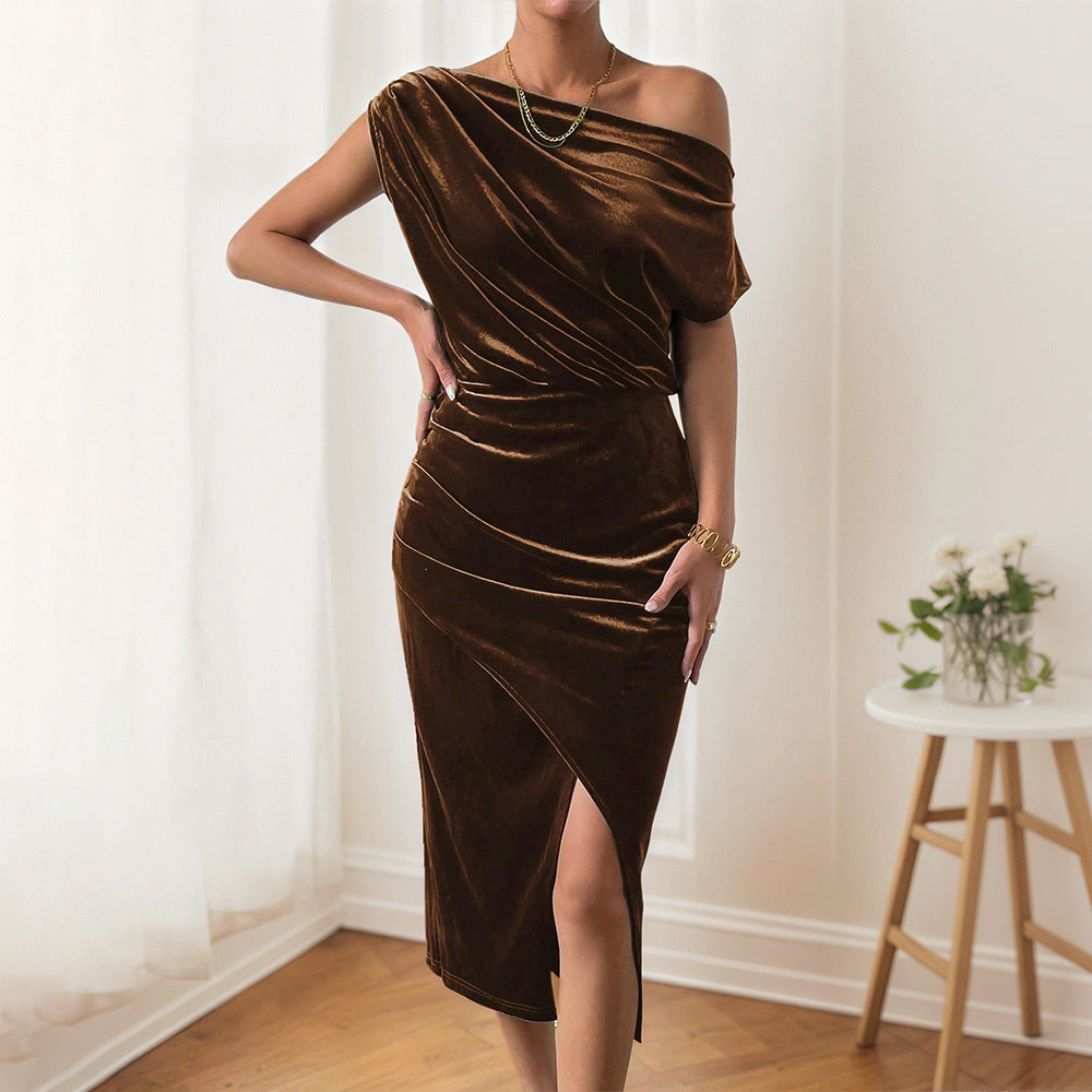 Damen Elegantes Maxikleid mit schulterfreiem Design und luxuriösem Samt Drune