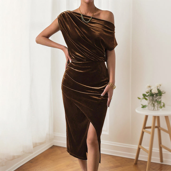 Damen Elegantes Maxikleid mit schulterfreiem Design und luxuriösem Samt Drune