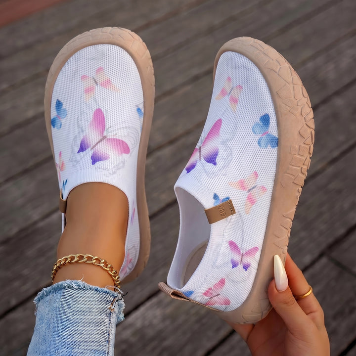Damen nan atmungsaktiver Strick-Slipper mit Aquarell-Schmetterlingsprint und griffiger Outdoorsohle Drune