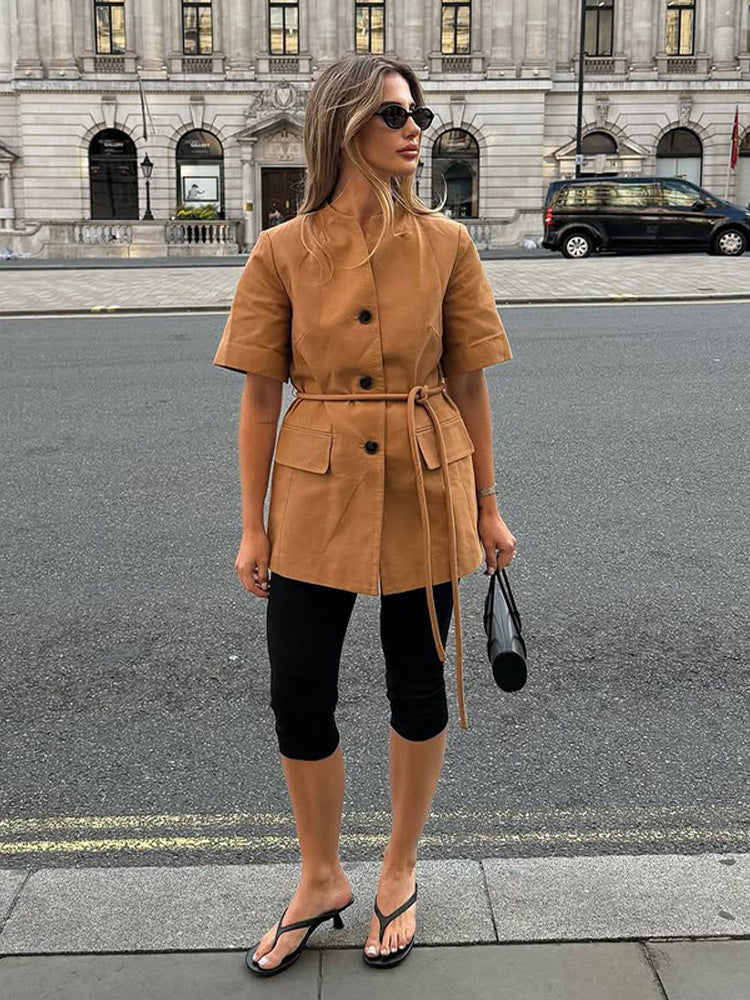 Damen modische Übergangsjacke mit Gürtel und praktischen Taschen Drune