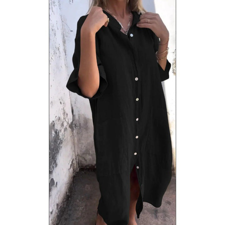 Drune | Lockere lässige Baumwolle-Leinen Hemdkleid mit halben Ärmeln
