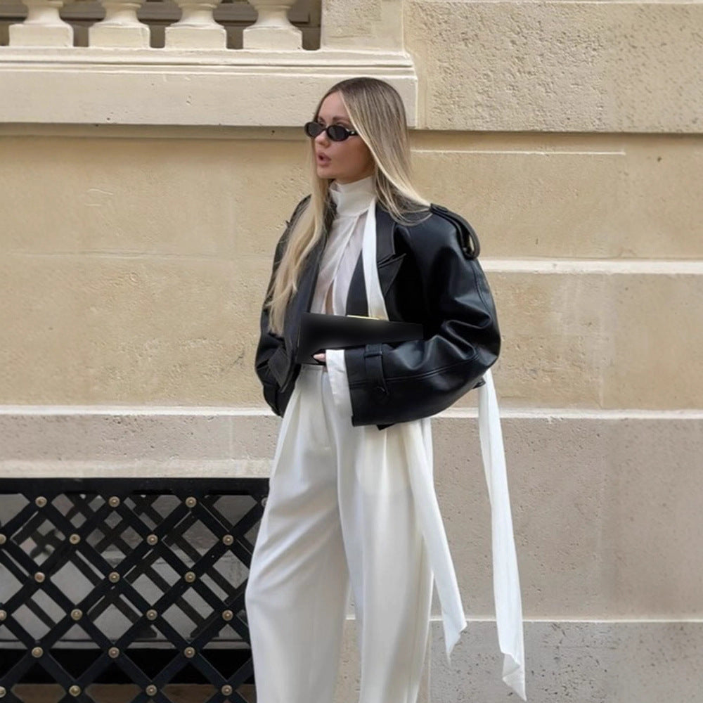 Damen Oversized Kunstlederjacke mit übergroßem Kragen und dekorativen Bindebändern Drune