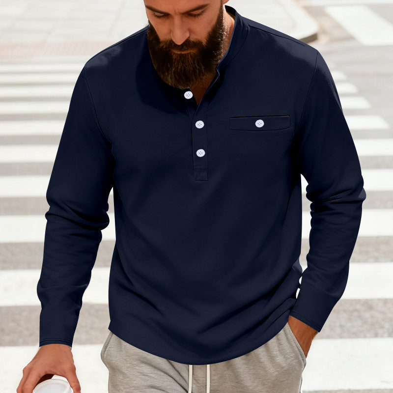 Herren nan lässiges Langarm-Henleyshirt aus Baumwollmischung mit Brusttasche Drune