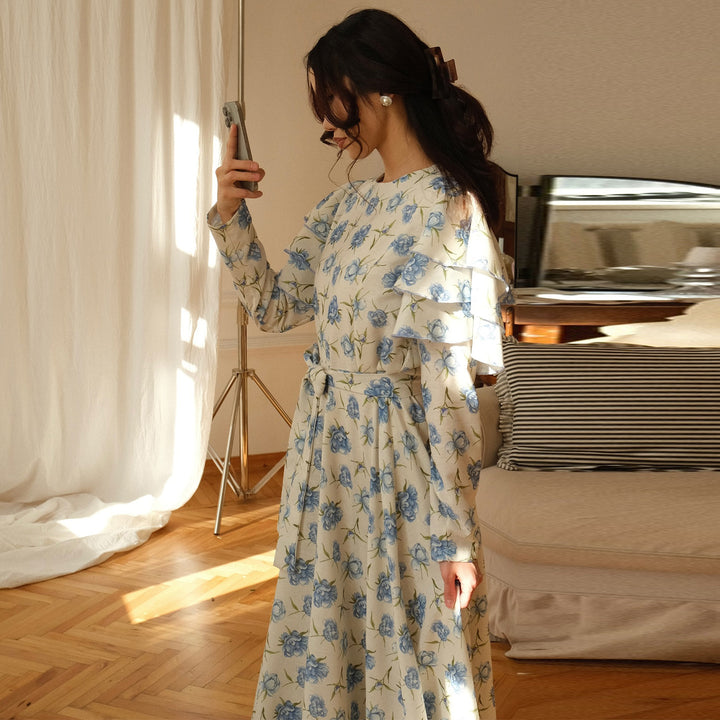 Damen Maxi-Kleid mit romantichem Rüschendesign und floralen Details Drune