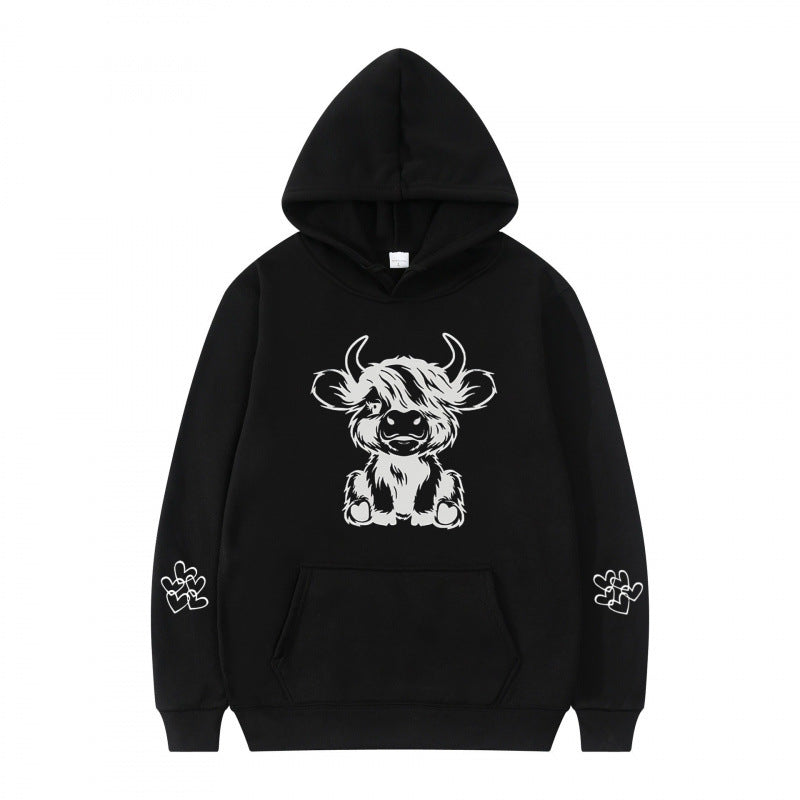 Damen Kapuzensweater mit entzückendem Kuhmotiv und praktischen Kängurutaschen Drune